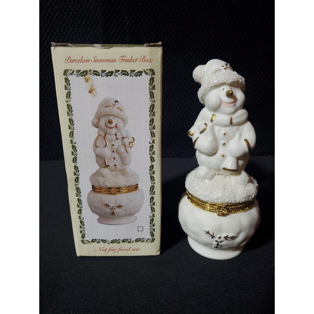 International Bazaar Ivory & Gold 6" Porcelain Snowman Trinket Ring Box Figurine